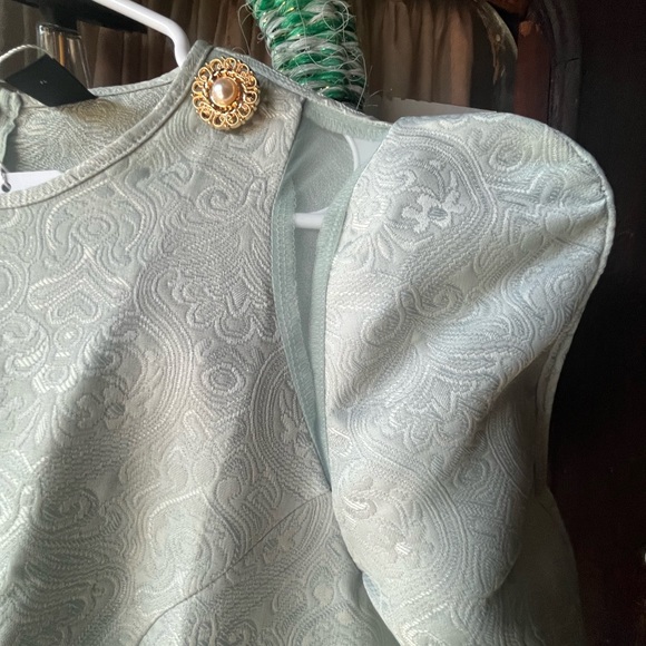 Green Shien Modely Puff Sleeves w Sheer Panel Gold Buttons Shoulder Modest Dress - Picture 4 of 7